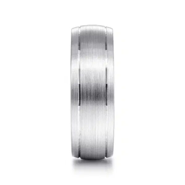14K Gold 7mm - Satin Finish Grooved Accents Men's Wedding Band - Image 4