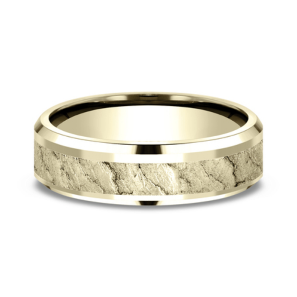 14K Gold 6mm - Lava Rock Beveled Men's Wedding Band - Image 4