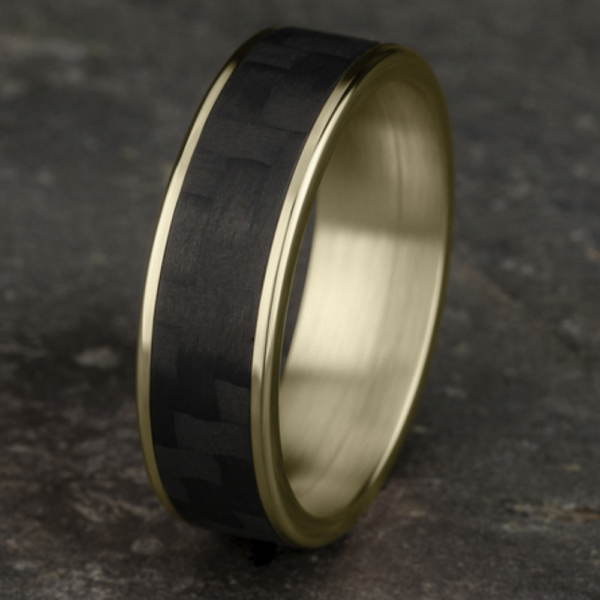 14K Gold and Carbon Fiber 6.5mm - Twilled Men's Wedding Band - Image 3
