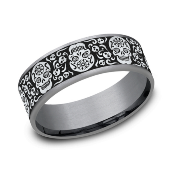 14K Gold and Tantalum 7.5mm - Skull Men's Wedding Band - Image 5