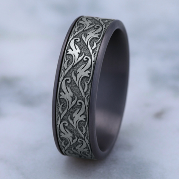 14K Gold and Tantalum 7.5mm - Vine Men's Wedding Band - Image 5