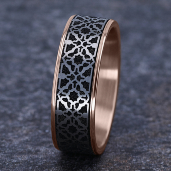 14K Gold and Black Titanium 7.5mm - Aztec Men's Wedding Band - Image 9