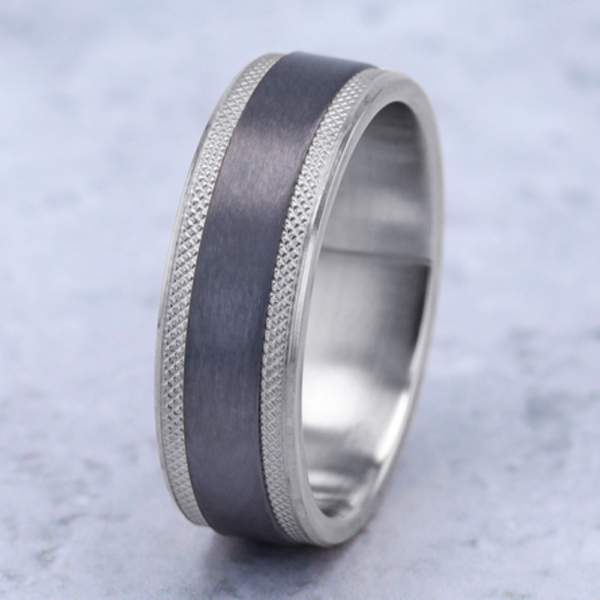 14K Gold and Tantalum 7mm - Satin Knurled Men's Wedding Band - Image 9