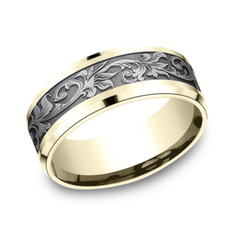 14K Gold and Tantalum 8mm – Vintage Script Men’s Wedding Band Benchmark 14