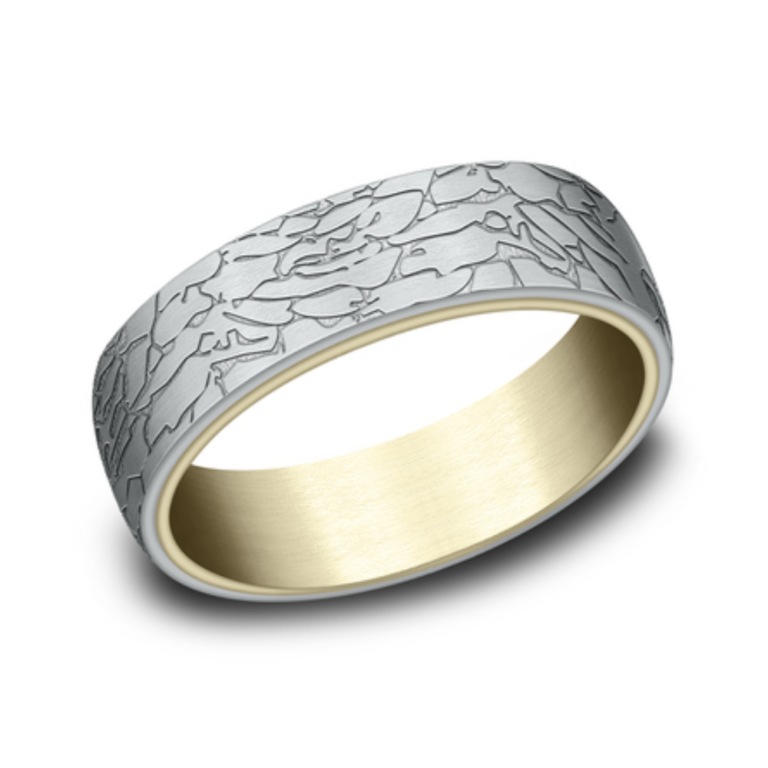 14K Two-Tone Gold 6.5mm – Fractured Rock Men’s Wedding Band Benchmark 23