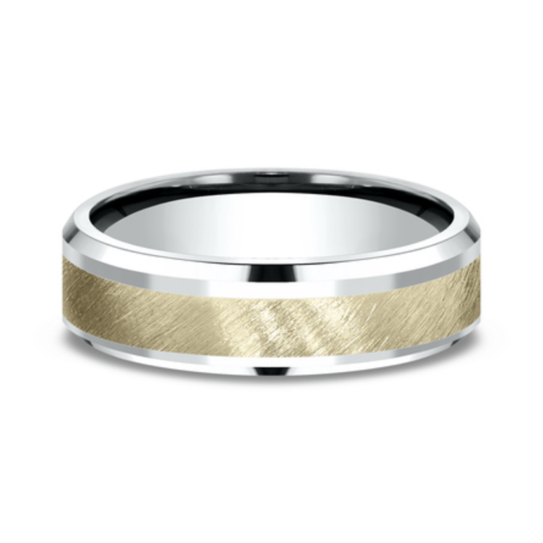 14K Two-Tone Gold 6mm – Diagonal Satin Men’s Wedding Band Benchmark 17