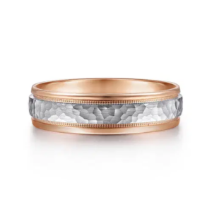 14K Two-Tone Gold 6mm – Hammered Finish Milgrain Men’s Wedding Band Gabriel 44