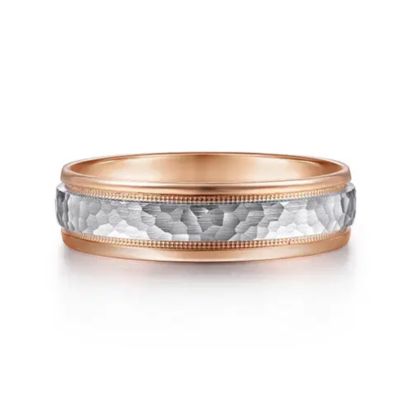 14K Two-Tone Gold 6mm - Hammered Finish Milgrain Men's Wedding Band - Image 5