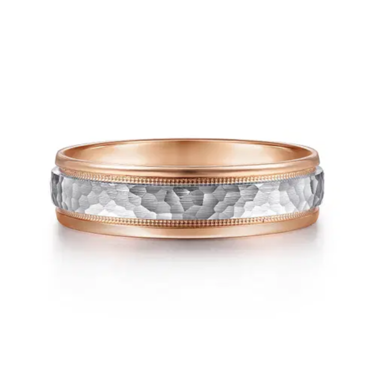 14K Two-Tone Gold 6mm – Hammered Finish Milgrain Men’s Wedding Band Gabriel 18