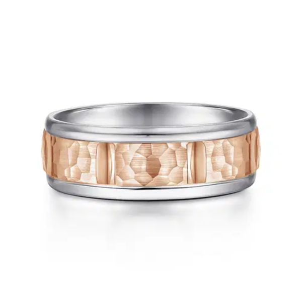 14K Two-Tone Gold 7mm - Hammered Station Men's Wedding Band - Image 5