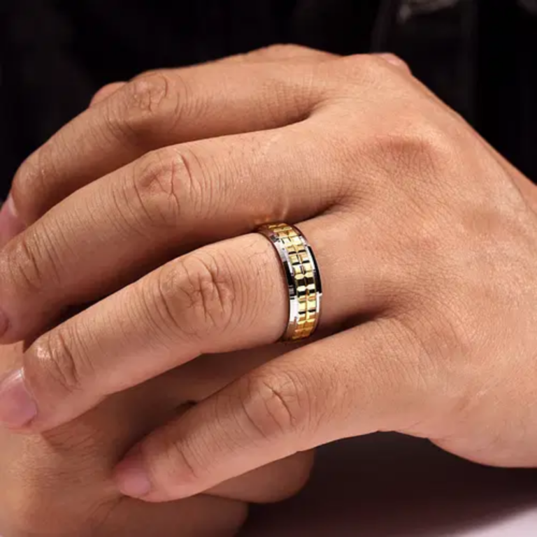 14K Two-Tone Gold 7mm – Square Carved Men’s Wedding Band Gabriel 52