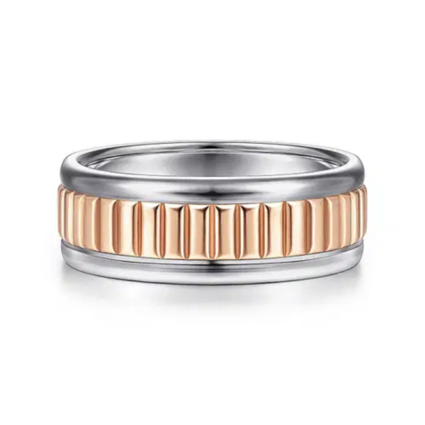14K Two-Tone Gold 8mm - Carved High Polish Men's Wedding Band