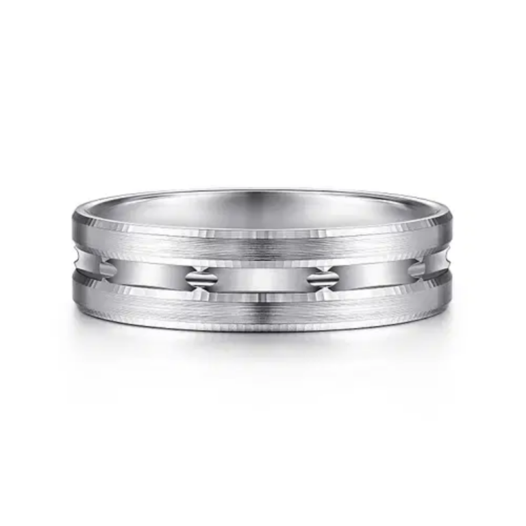 14K Gold 6mm – Satin Finish Carved Accents Men’s Wedding Band Gabriel 18