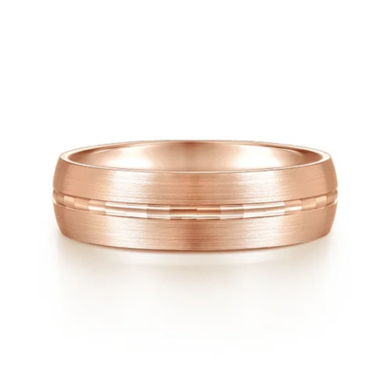 14K Gold 6mm – Satin Finish Diamond Cut Center Groove Men’s Wedding Band Gabriel 18