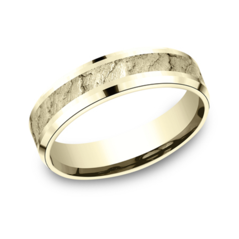 14K Gold 6mm – Lava Rock Beveled Men’s Wedding Band Benchmark 14