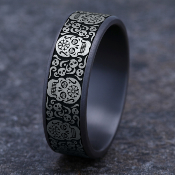 14K Gold and Tantalum 7.5mm - Skull Men's Wedding Band - Image 6