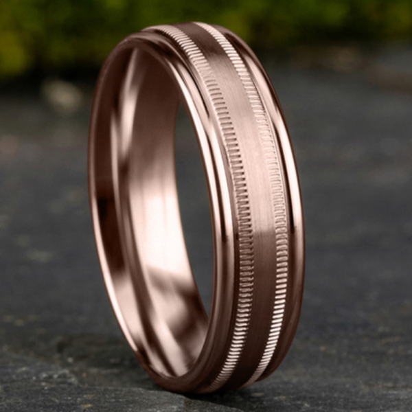 14K Gold 6.5mm - Satin Milgrain Men's Wedding Band - Image 6