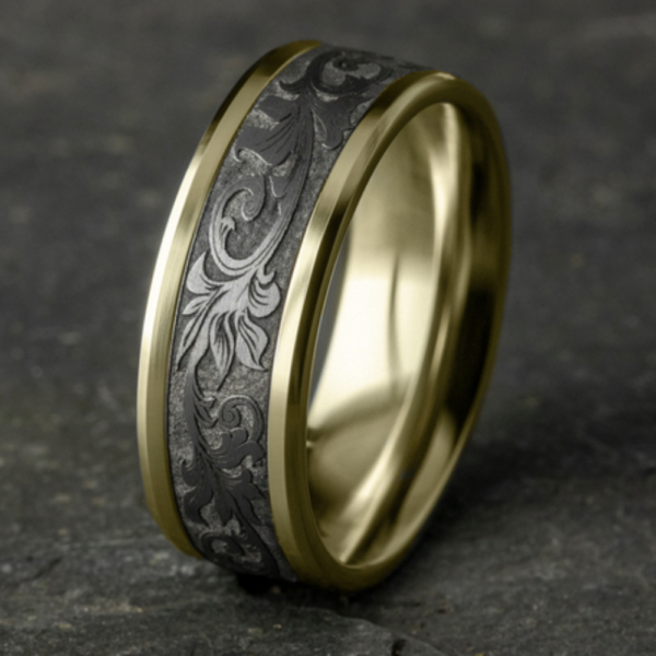 14K Gold and Tantalum 8mm - Vintage Script Men's Wedding Band - Image 6