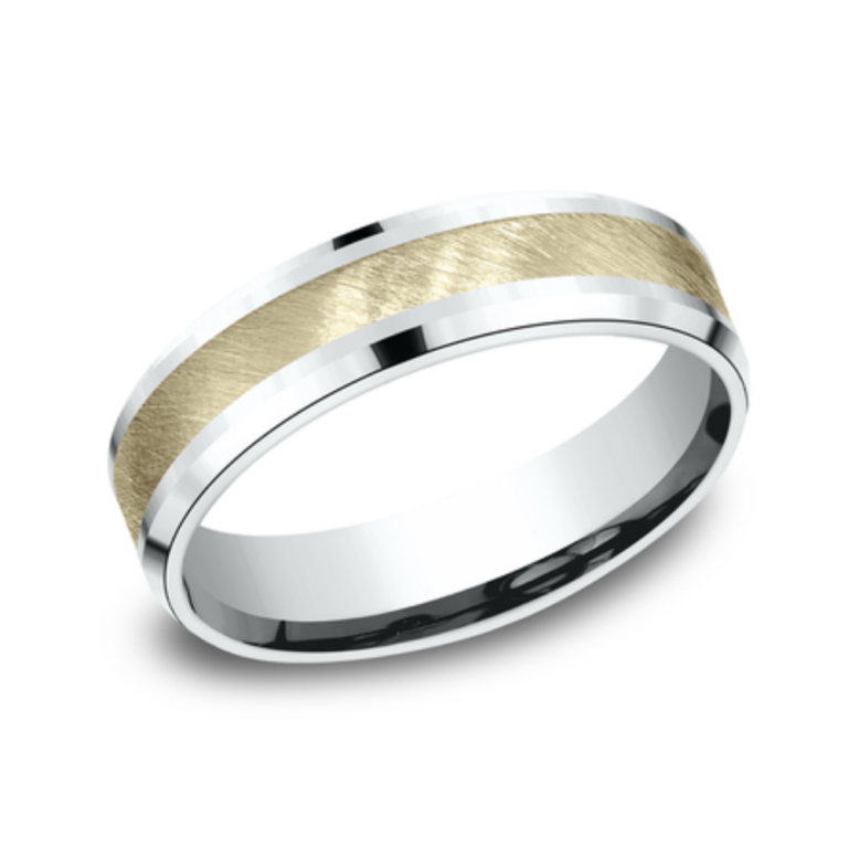 14K Two-Tone Gold 6mm – Diagonal Satin Men’s Wedding Band Benchmark 18