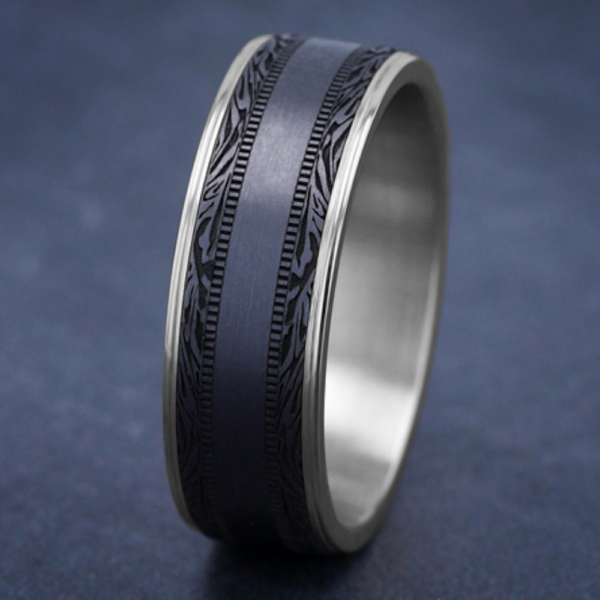 14K Gold and Tantalum 7.5mm - Satin Mokume Men's Wedding Band - Image 6