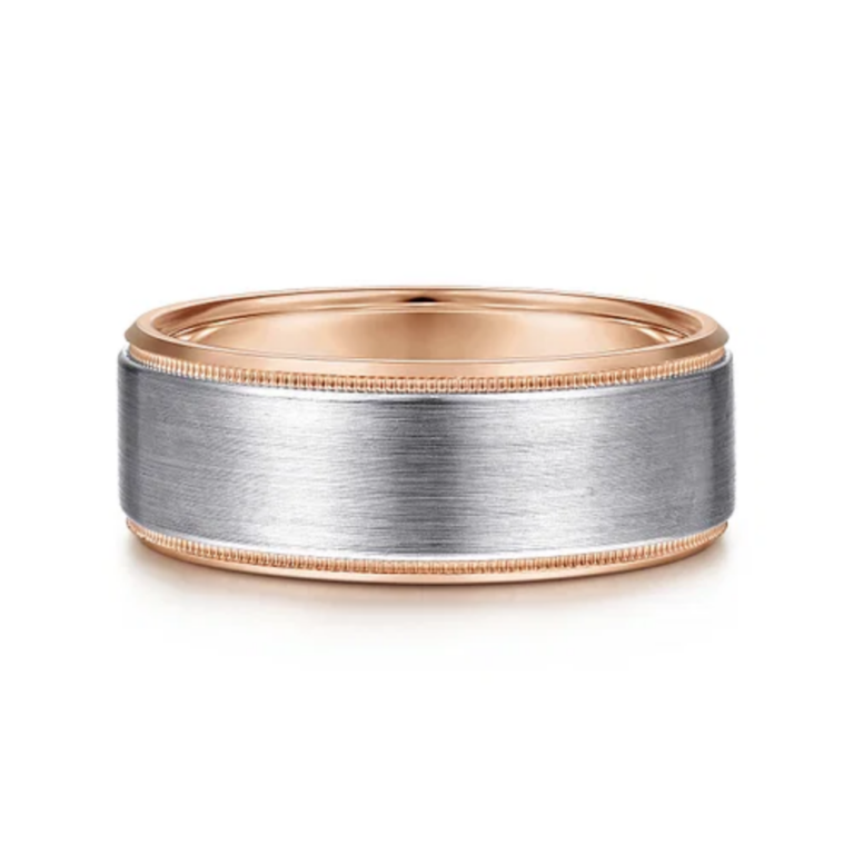 14K Two-Tone Gold 8mm – Satin Finish Milgrain Beveled Men’s Wedding Band Gabriel 14