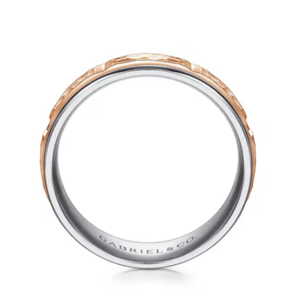 14K Two-Tone Gold 7mm - Hammered Station Men's Wedding Band - Image 7