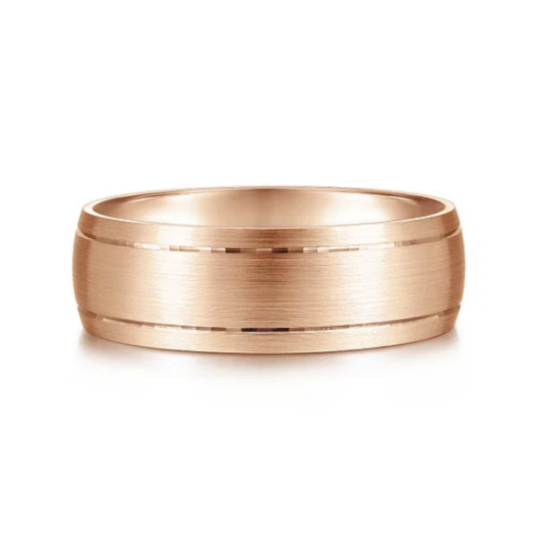 14K Gold 7mm - Satin Finish Grooved Accents Men's Wedding Band - Image 5