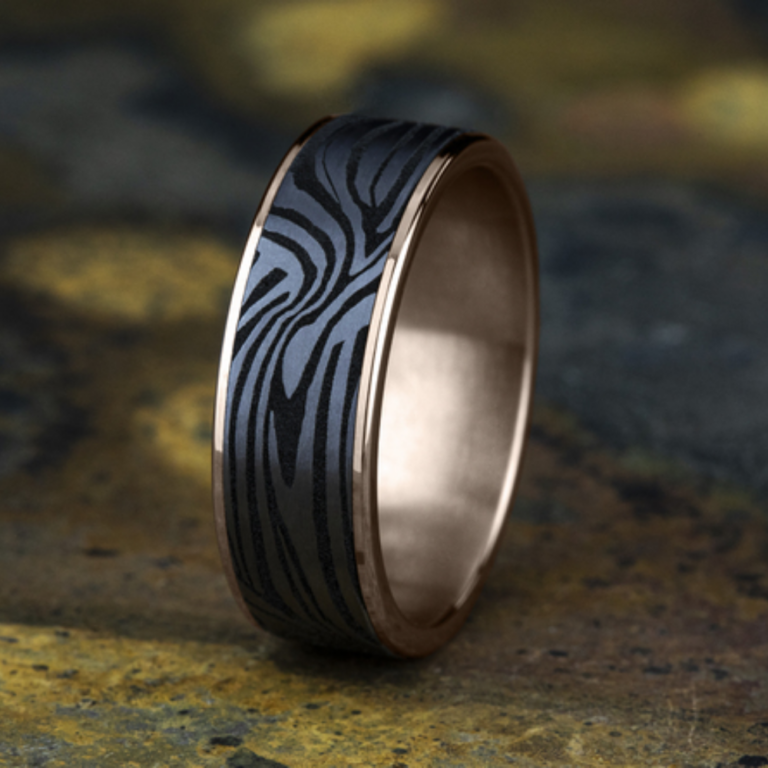 14K Gold and Tantalum 7.5mm – Lava Pattern Men’s Wedding Band Ammara Stone 33
