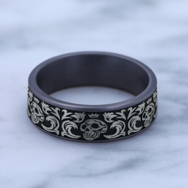 14K Gold and Tantalum 7.5mm - Skull Men's Wedding Band - Image 6