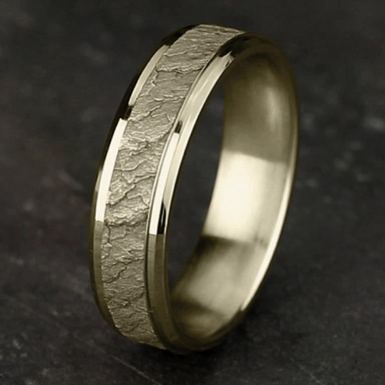 14K Gold 6mm – Lava Rock Beveled Men’s Wedding Band Benchmark 15