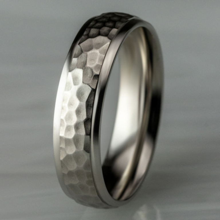 14K Gold 6.5mm – Hammered Men’s Wedding Band Benchmark 15