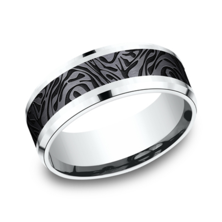 14K Gold and Black Titanium 8mm – Mokume Men’s Wedding Band Benchmark 18