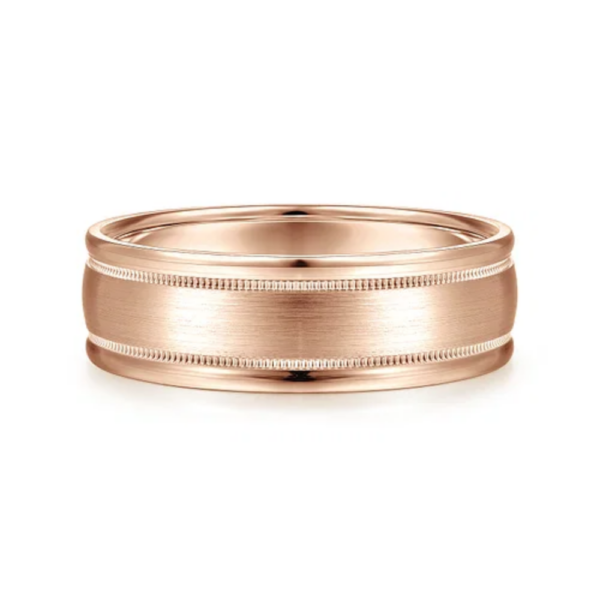 14K Gold 7mm - Satin Finish Milgrain Channels Men's Wedding Band