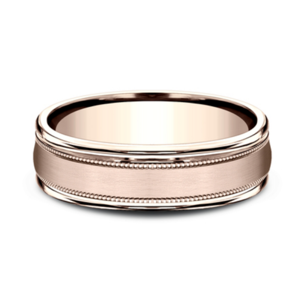 14K Gold 6.5mm - Satin Milgrain Men's Wedding Band - Image 4