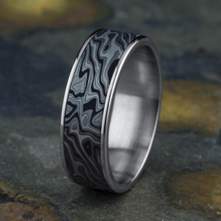 14K Gold and Tantalum 7.5mm – Mokume Men’s Wedding Band Ammara Stone 43