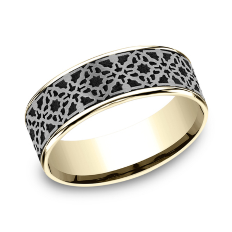 14K Gold and Black Titanium 7.5mm – Aztec Men’s Wedding Band Benchmark 32