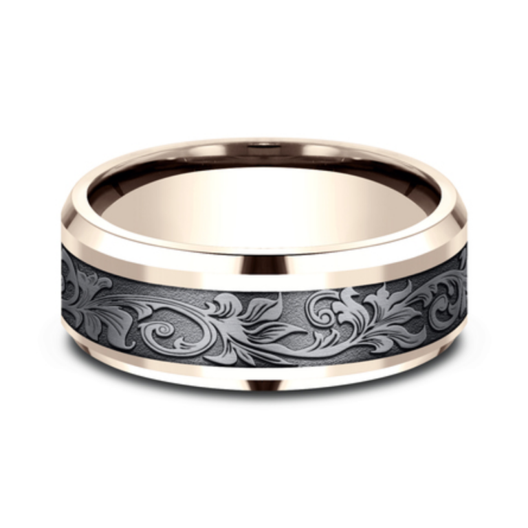 14K Gold and Tantalum 8mm – Vintage Script Men’s Wedding Band Benchmark 16