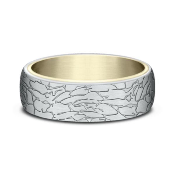 14K Two-Tone Gold 6.5mm - Fractured Rock Men's Wedding Band - Image 4