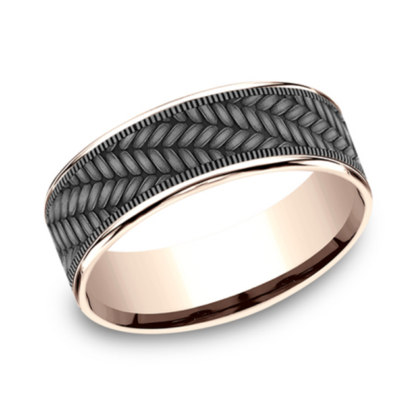 14K Gold and Tantalum 7.5mm - Cross Chevron Men's Wedding Band - Image 8