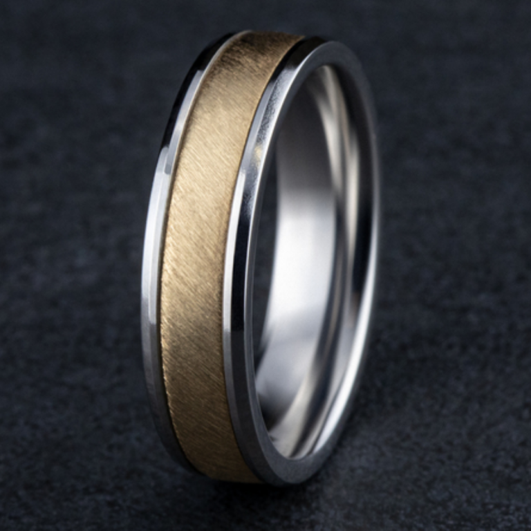 14K Two-Tone Gold 6mm – Diagonal Satin Men’s Wedding Band Benchmark 19