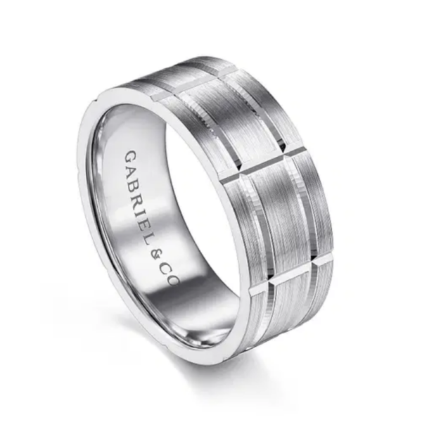 14K Gold 8mm - Satin Checkered Pattern Men's Wedding Band - Image 6
