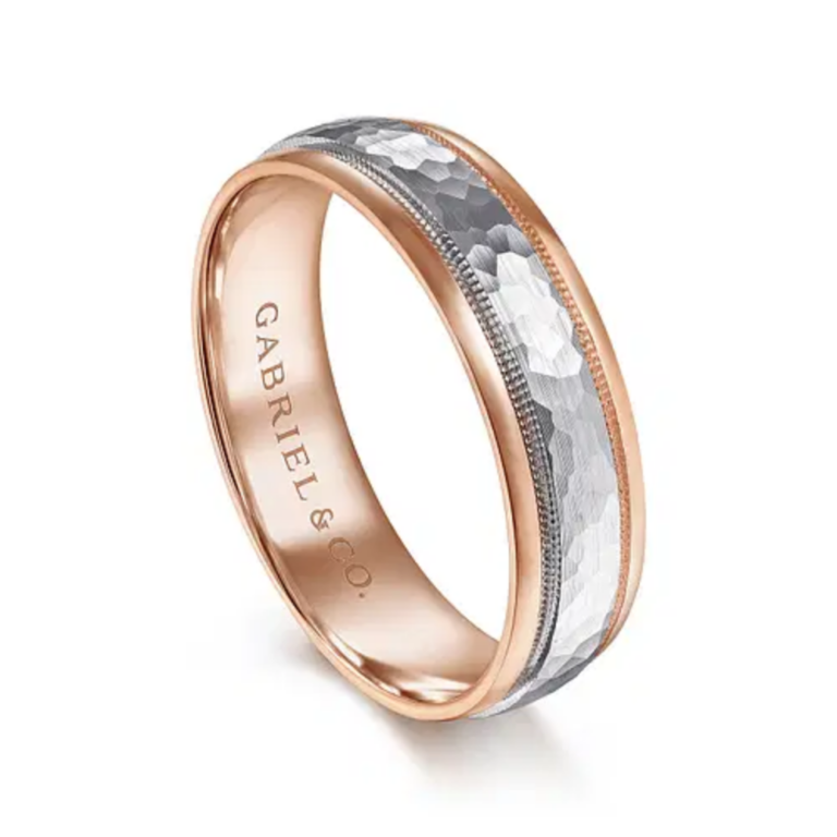14K Two-Tone Gold 6mm – Hammered Finish Milgrain Men’s Wedding Band Gabriel 19