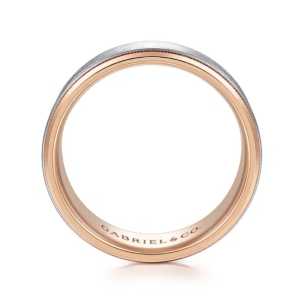 14K Two-Tone Gold 8mm - Satin Finish Milgrain Beveled Men's Wedding Band - Image 3