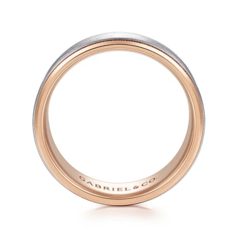 14K Two-Tone Gold 8mm – Satin Finish Milgrain Beveled Men’s Wedding Band Gabriel 16