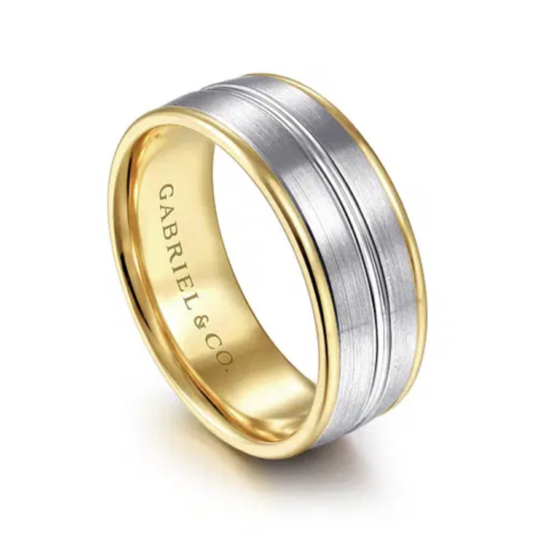 14K Two-Tone Gold 8mm - Satin Finish Grooved Channel Men's Wedding Band - Image 10