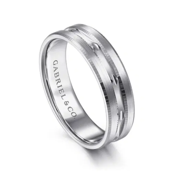 14K Gold 6mm - Satin Finish Carved Accents Men's Wedding Band - Image 6