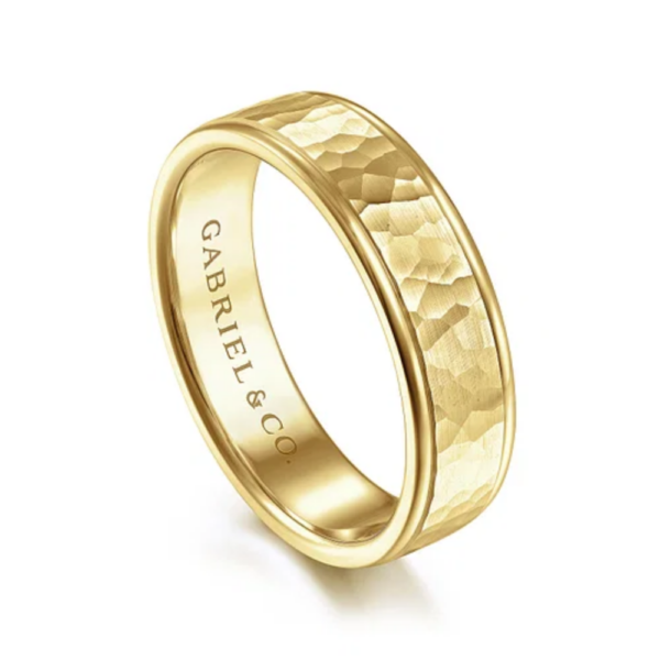 14K Gold 6mm - Flat Hammered Finish Men's Wedding Band - Image 6