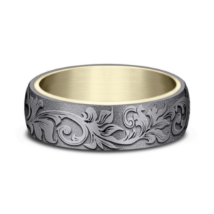 14K Gold and Tantalum 6.5mm – Vintage Script Men’s Wedding Band Ammara Stone 34