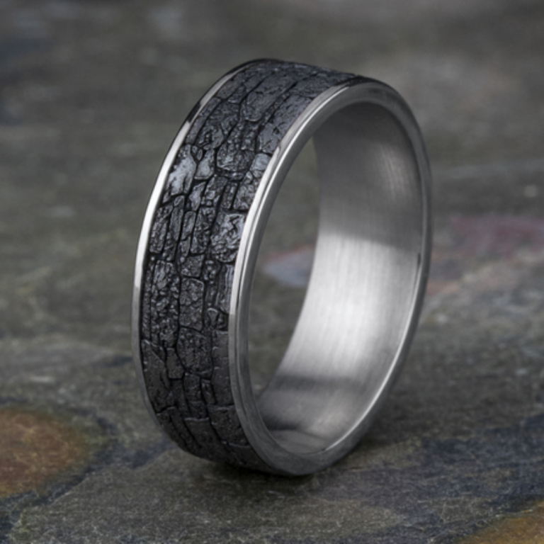 14K Gold and Tantalum 7.5mm – Rock Wall Men’s Wedding Band Ammara Stone 16