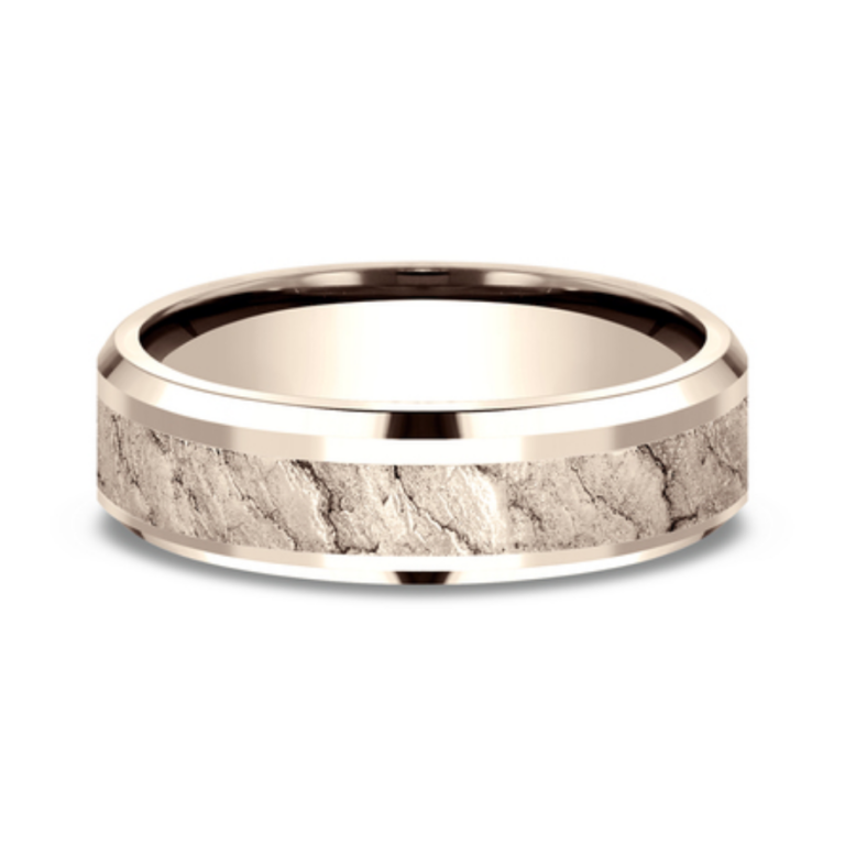 14K Gold 6mm – Lava Rock Beveled Men’s Wedding Band Benchmark 16